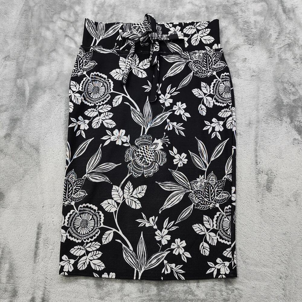 Classic Concepts Skirt Womens‎ S Black White Floral Tie Front Pencil Stretch